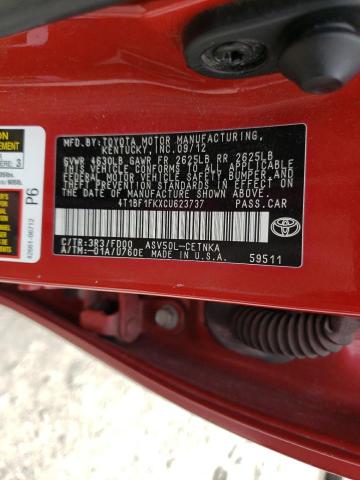 Photo 10 from auction – 2012 TOYOTA CAMRY BASE with VIN 4T1BF1FKXCU623737