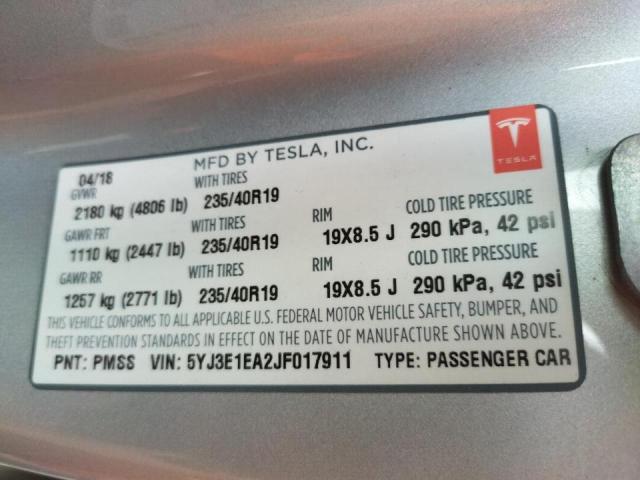 Photo 10 from auction – 2018 TESLA MODEL 3 with VIN 5YJ3E1EA2JF017911
