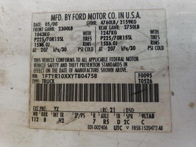 Photo 10 from auction – 2000 FORD RANGER with VIN 1FTYR10XXYTB04758