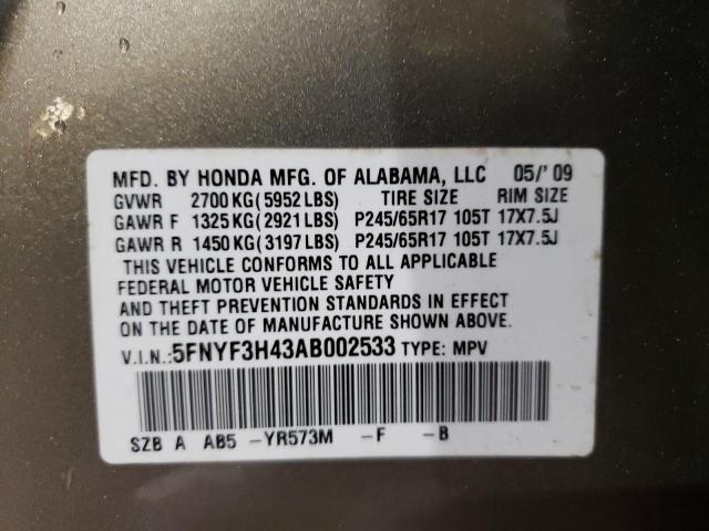 Photo 10 from auction – 2010 HONDA PILOT EX with VIN 5FNYF3H43AB002533