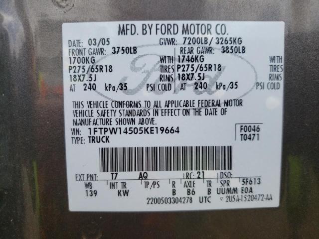 Photo 10 from auction – 2005 FORD F150 SUPER with VIN 1FTPW14505KE19664