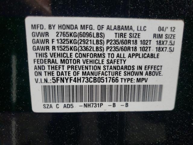 Photo 10 from auction – 2012 HONDA PILOT EXLN with VIN 5FNYF4H73CB051766