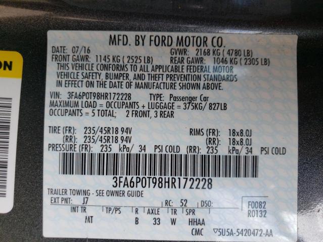 Photo 10 from auction – 2017 FORD FUSION SE with VIN 3FA6P0T98HR172228