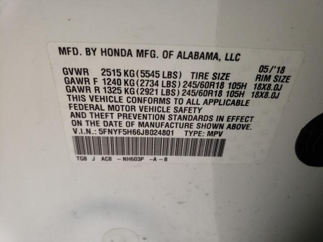 Photo 10 from auction – 2018 HONDA PILOT EXL with VIN 5FNYF5H66JB024801