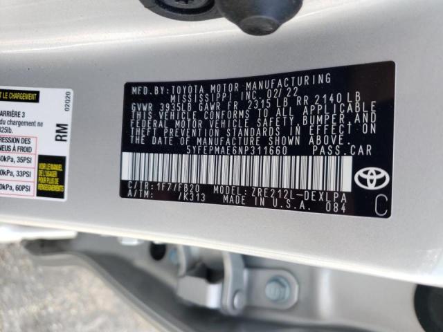 Photo 10 from auction – 2022 TOYOTA COROLLA LE with VIN 5YFEPMAE6NP311660