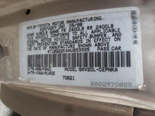 Photo 10 from auction – 1998 TOYOTA CAMRY CE with VIN 4T1BG22K4WU853335