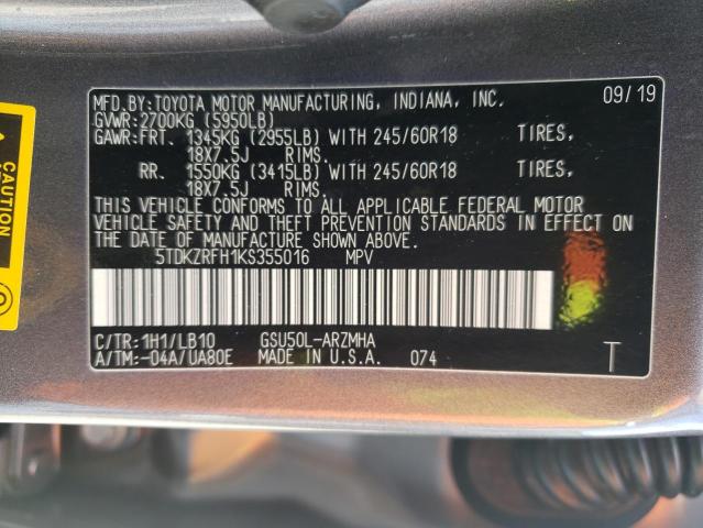 Photo 10 from auction – 2019 TOYOTA HIGHLANDER with VIN 5TDKZRFH1KS355016