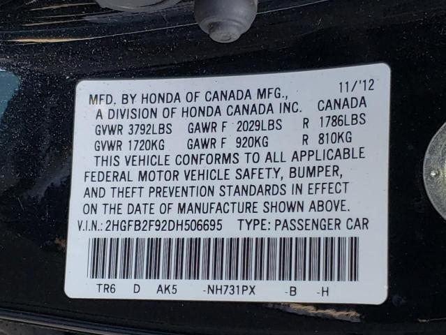 Photo 10 from auction – 2013 HONDA CIVIC EXL with VIN 2HGFB2F92DH506695