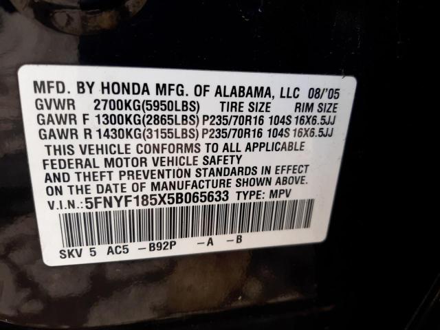 Photo 10 from auction – 2005 HONDA PILOT EXL with VIN 5FNYF185X5B065633