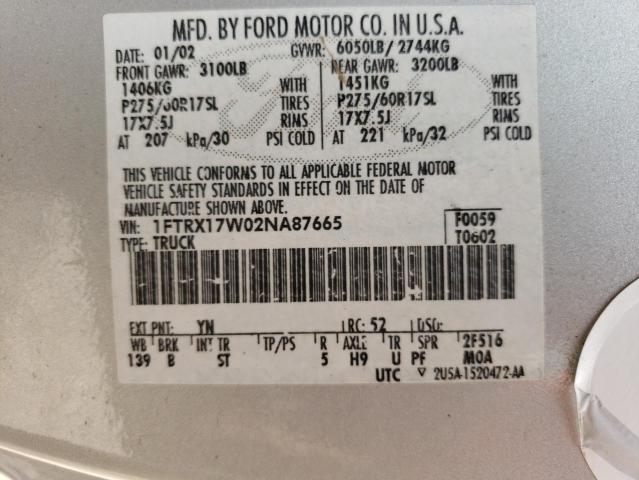 Photo 10 from auction – 2002 FORD F150 with VIN 1FTRX17W02NA87665