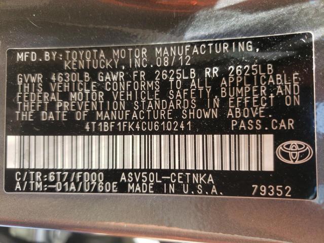 Photo 10 from auction – 2012 TOYOTA CAMRY BASE with VIN 4T1BF1FK4CU610241