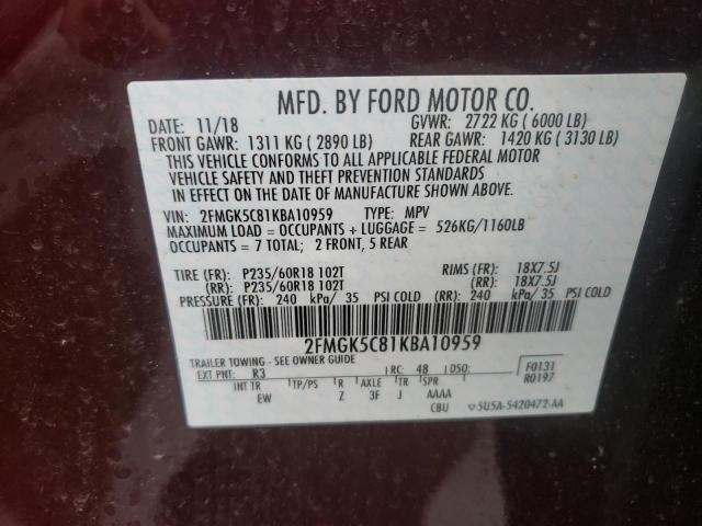 Photo 10 from auction – 2019 FORD FLEX SEL with VIN 2FMGK5C81KBA10959