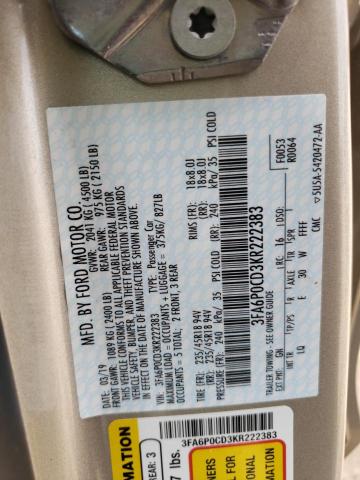 Photo 10 from auction – 2019 FORD FUSION SEL with VIN 3FA6P0CD3KR222383