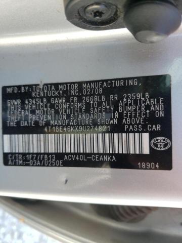 Photo 10 from auction – 2009 TOYOTA CAMRY BASE with VIN 4T1BE46KX9U274821