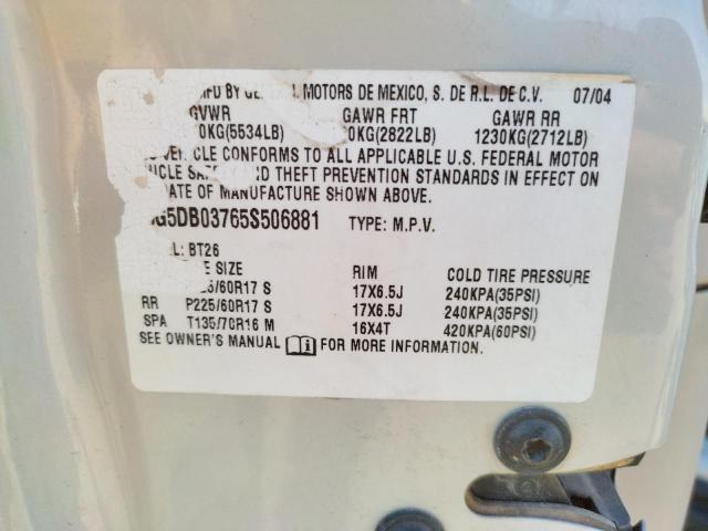 Photo 10 from auction – 2005 BUICK RENDEZVOUS with VIN 3G5DB03765S506881