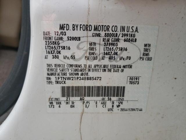 Photo 10 from auction – 2004 FORD F250 SUPER with VIN 1FTNW21P34EB85472
