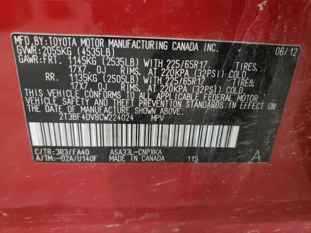 Photo 10 from auction – 2012 TOYOTA RAV4 with VIN 2T3BF4DV8CW224024