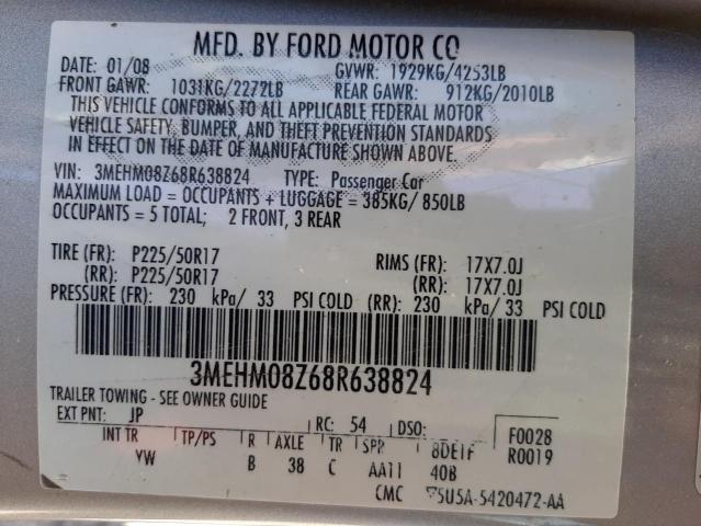 Photo 10 from auction – 2008 MERCURY MILAN PREM with VIN 3MEHM08Z68R638824