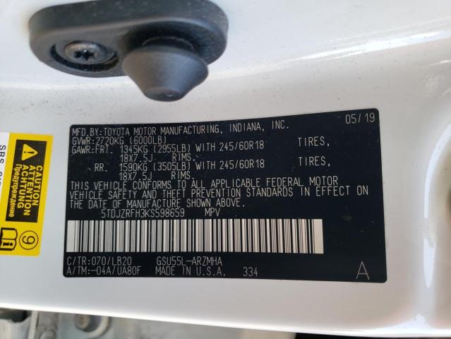 Photo 10 from auction – 2019 TOYOTA HIGHLANDER with VIN 5TDJZRFH3KS598659