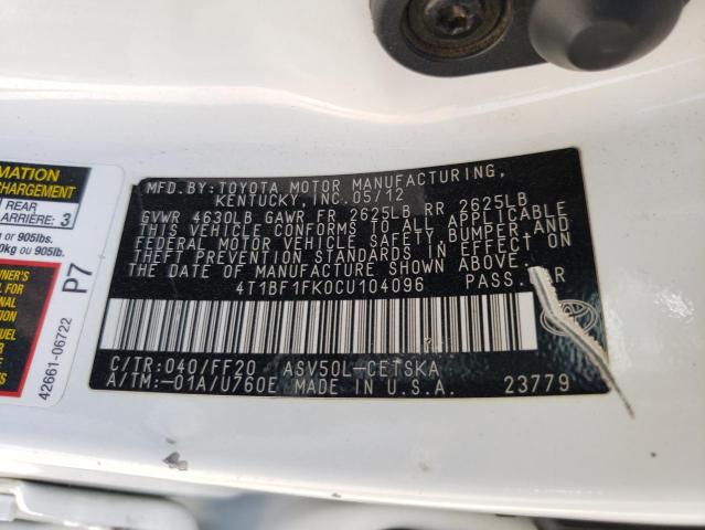 Photo 10 from auction – 2012 TOYOTA CAMRY BASE with VIN 4T1BF1FK0CU104096