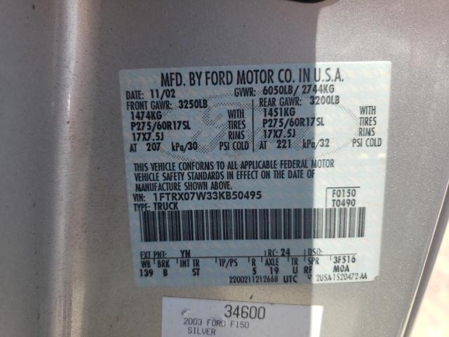 Photo 10 from auction – 2003 FORD F150 with VIN 1FTRX07W33KB50495