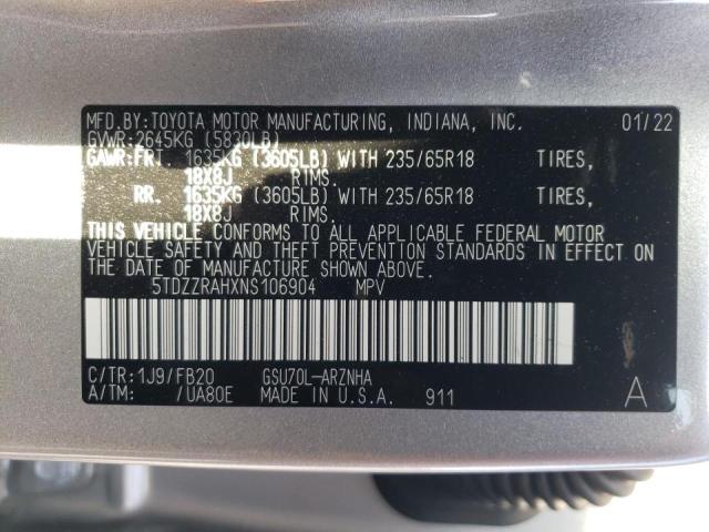 Photo 10 from auction – 2022 TOYOTA HIGHLANDER with VIN 5TDZZRAHXNS106904