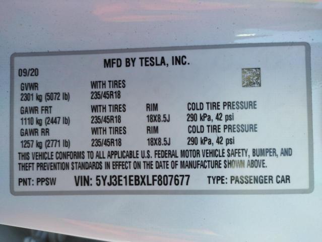 Photo 10 from auction – 2020 TESLA MODEL 3 with VIN 5YJ3E1EBXLF807677