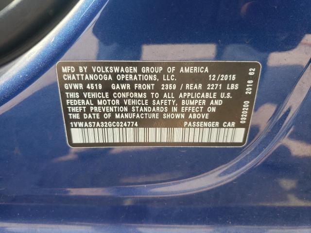 Photo 10 from auction – 2016 VOLKSWAGEN PASSAT S with VIN 1VWAS7A32GC024774