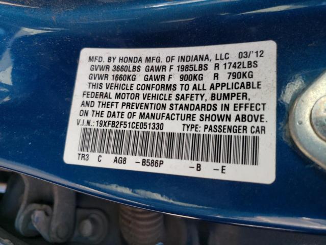 Photo 10 from auction – 2012 HONDA CIVIC LX with VIN 19XFB2F51CE051330
