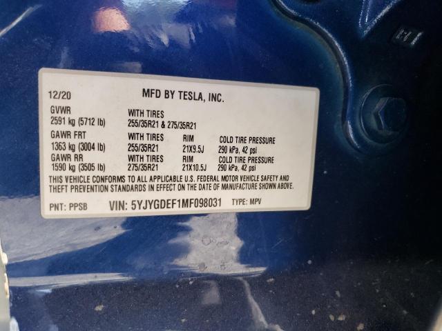 Photo 10 from auction – 2021 TESLA MODEL Y with VIN 5YJYGDEF1MF098031