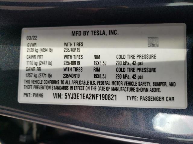 Photo 10 from auction – 2022 TESLA MODEL 3 with VIN 5YJ3E1EA2NF190821