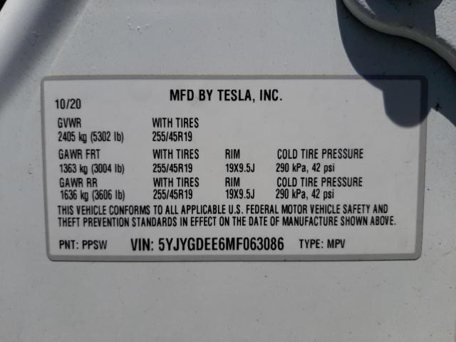 Фото 10 с аукциона – 2021 TESLA MODEL Y с VIN 5YJYGDEE6MF063086