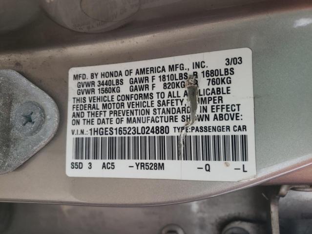 Photo 10 from auction – 2003 HONDA CIVIC LX with VIN 1HGES16523L024880