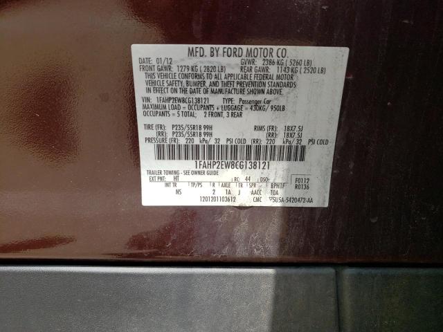 Photo 10 from auction – 2012 FORD TAURUS SEL with VIN 1FAHP2EW8CG138121