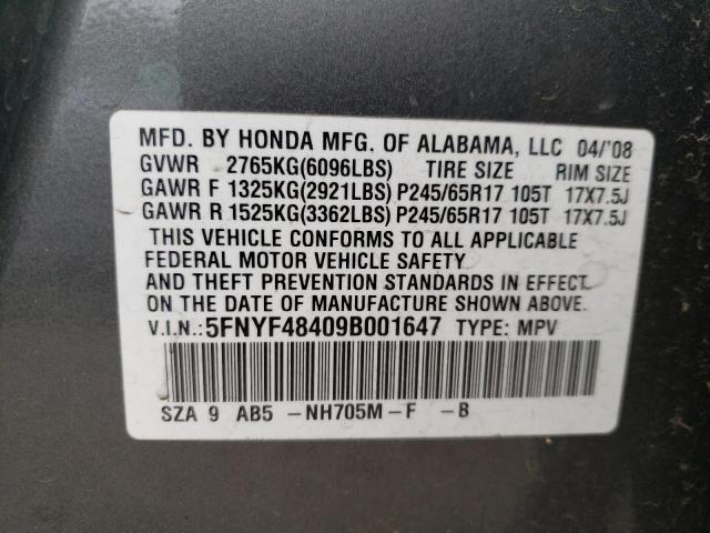 Photo 10 from auction – 2009 HONDA PILOT EX with VIN 5FNYF48409B001647