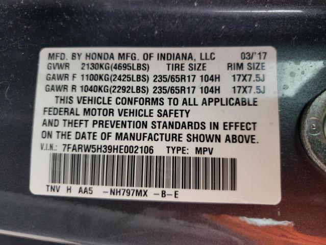 Photo 10 from auction – 2017 HONDA CR-V LX with VIN 7FARW5H39HE002106