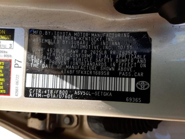 Photo 10 from auction – 2012 TOYOTA CAMRY BASE with VIN 4T4BF1FKXCR168958