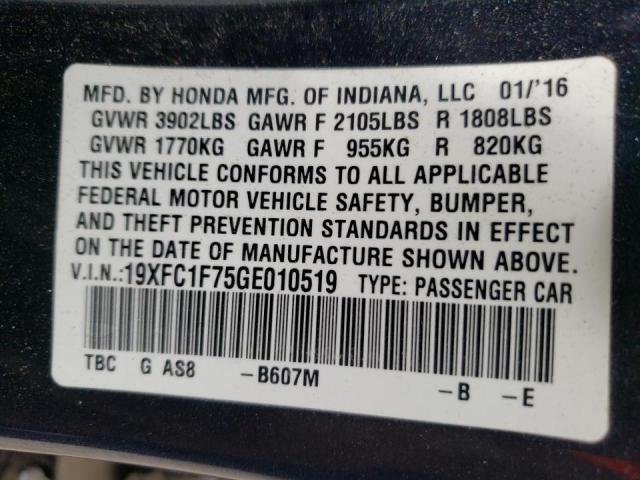 Photo 10 from auction – 2016 HONDA CIVIC EXL with VIN 19XFC1F75GE010519