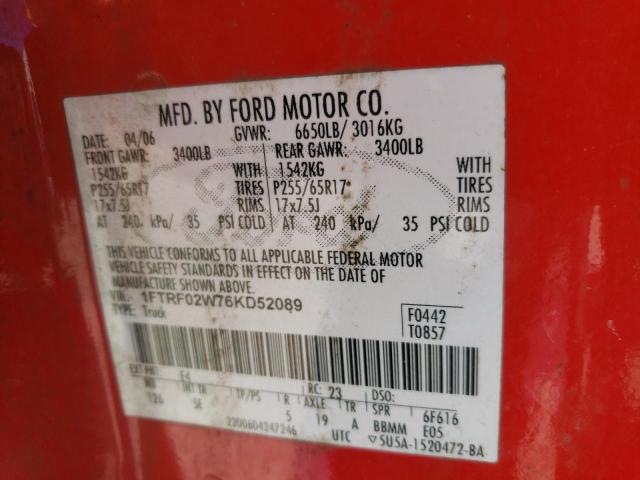 Photo 10 from auction – 2006 FORD F150 with VIN 1FTRF02W76KD52089