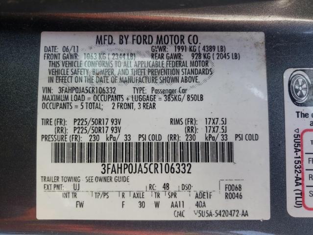 Photo 10 from auction – 2012 FORD FUSION SEL with VIN 3FAHP0JA5CR106332