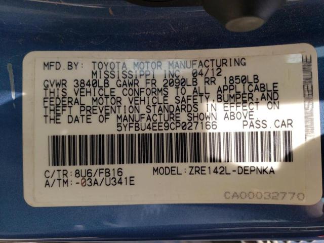 Photo 10 from auction – 2012 TOYOTA COROLLA BA with VIN 5YFBU4EE9CP027166