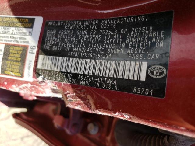 Photo 10 from auction – 2016 TOYOTA CAMRY LE with VIN 4T1BF1FK1GU587331