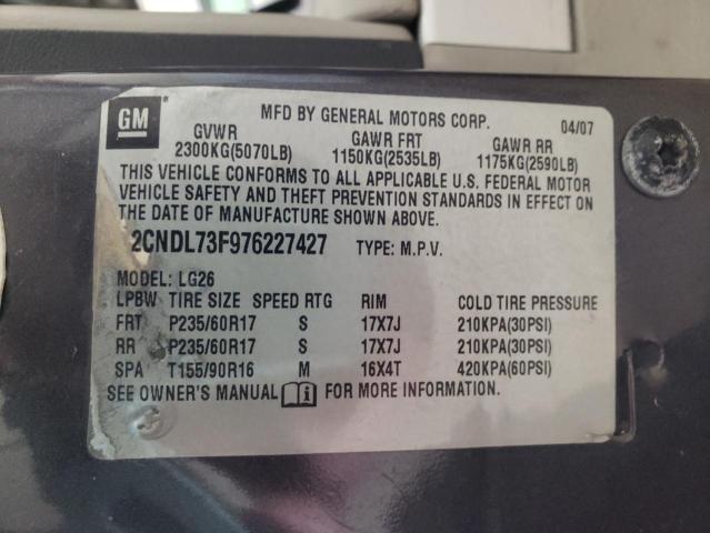 Photo 10 from auction – 2007 CHEVROLET EQUINOX LT with VIN 2CNDL73F976227427
