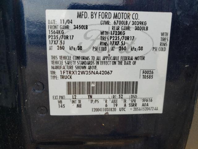 Photo 10 from auction – 2005 FORD F150 with VIN 1FTRX12W35NA42067
