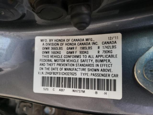 Photo 10 from auction – 2012 HONDA CIVIC LX with VIN 2HGFB2F51CH327625