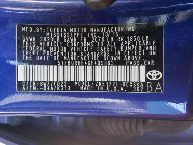Photo 10 from auction – 2016 TOYOTA COROLLA L with VIN 5YFBURHE4GP409863