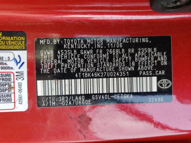 Photo 10 from auction – 2007 TOYOTA CAMRY LE with VIN 4T1BK46K27U024351