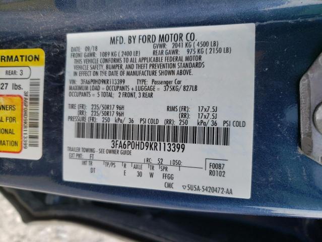 Photo 10 from auction – 2019 FORD FUSION SE with VIN 3FA6P0HD9KR113399