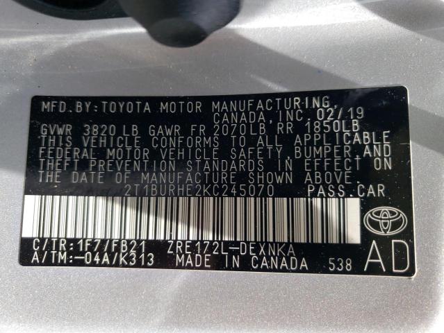 Photo 10 from auction – 2019 TOYOTA COROLLA L with VIN 2T1BURHE2KC245070