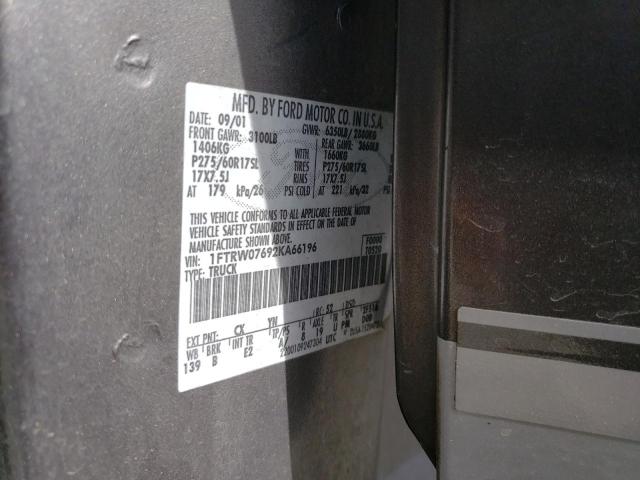 Photo 10 from auction – 2002 FORD F150 SUPER with VIN 1FTRW07692KA66196